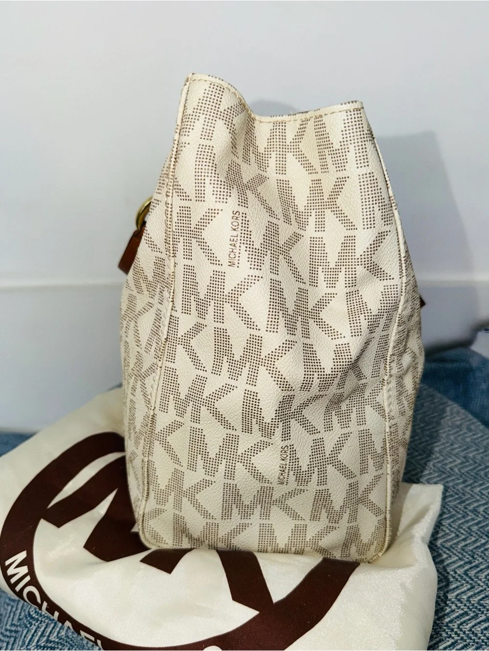 Michael Kors Cream & Brown MK Logo Tote with Gold Hardware